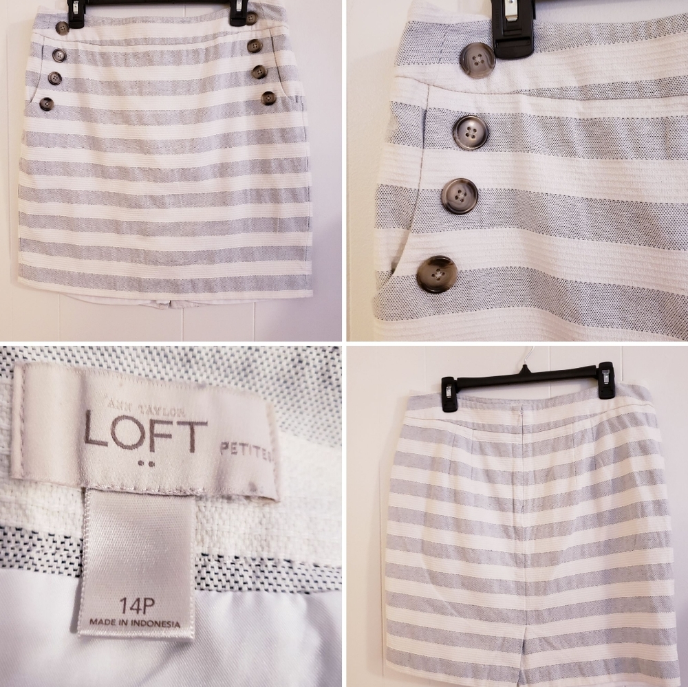 Ann Taylor Petite Skirt 14P Stripe Ivory White Blue Zip Slit Back Lined Nautical